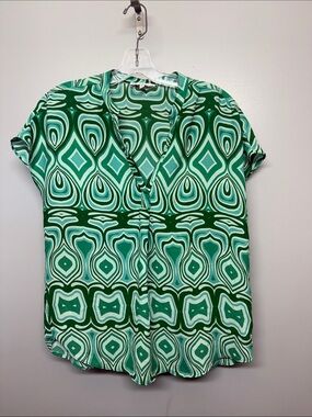 Anthropologie Maison d’Amélie Green Pattern Short Sleeve Oversized Flowy Blouse